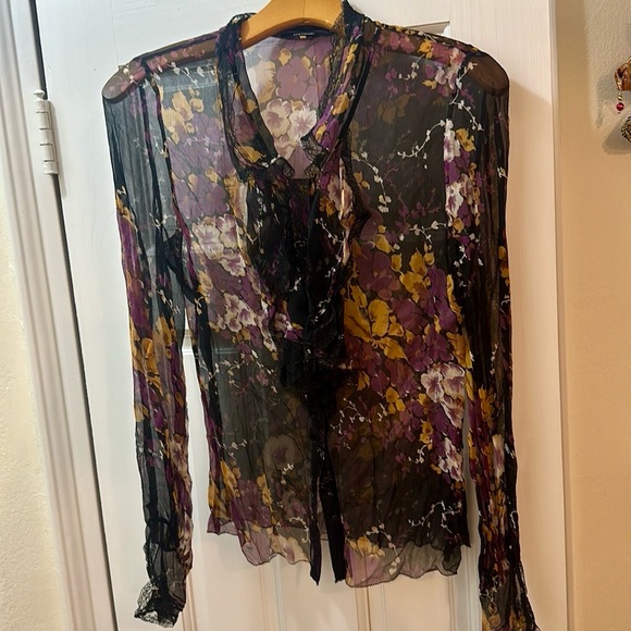 Elie Tahari Tops - ELIE TAHARI Ruffled, Lace Sheer Blouse, Size SM
